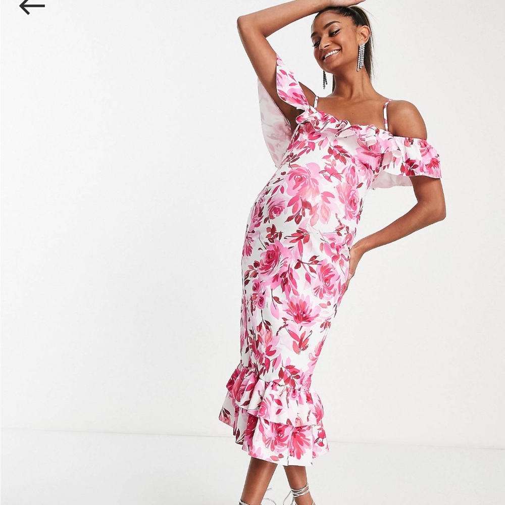 ASOS DESIGN Maternity Ruffle Midi dress in Pink Floral Print